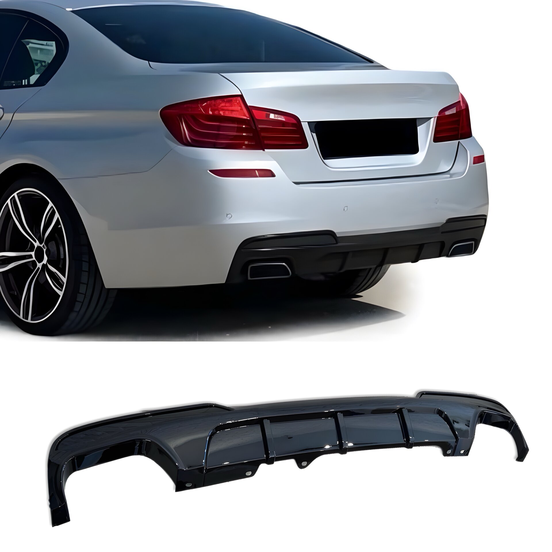 Дифузор накладка заднього бампера M - Performance BMW 5 series F10 2010-2016 під вихлоп з двох сторін, чорний глянець